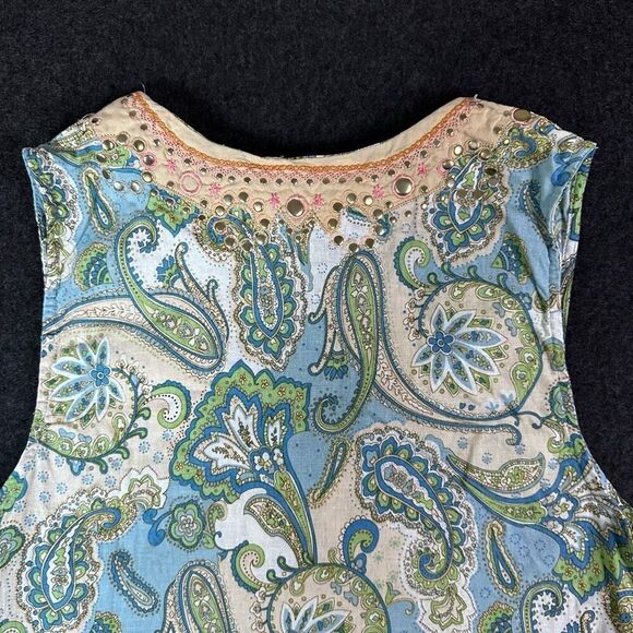 Cynthia Rowley Paisley Plunge Neck Sleeveless Tunic Top Womens L Blue Cottagecor - Picture 4 of 9